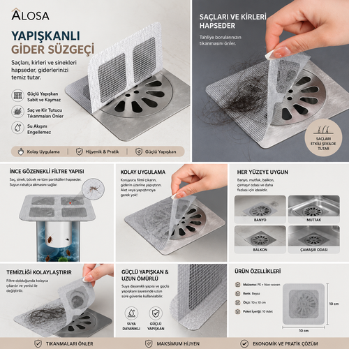 ALOSA® Yapışkanlı Gider Süzgeci – Saç, Kıl ve Kir Tutucu Filtre